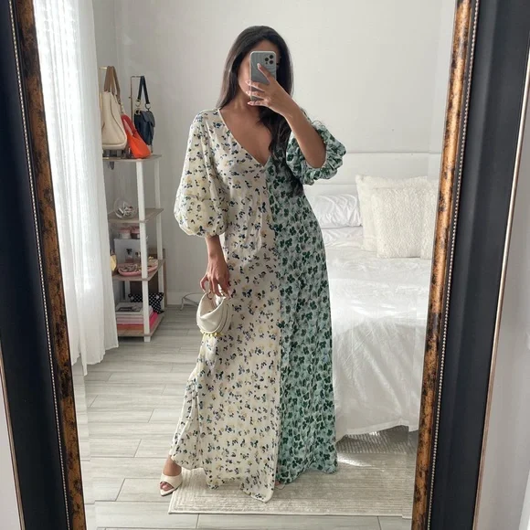 Lee Mathews Eloise Contrast Two-Tone Floral Maxi w/ Puff Sleeves - Picture 1 of 10